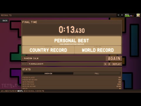 TETRIS 40 LINES in 13.43 seconds by WestL 🇺🇸  WORLD RECORD