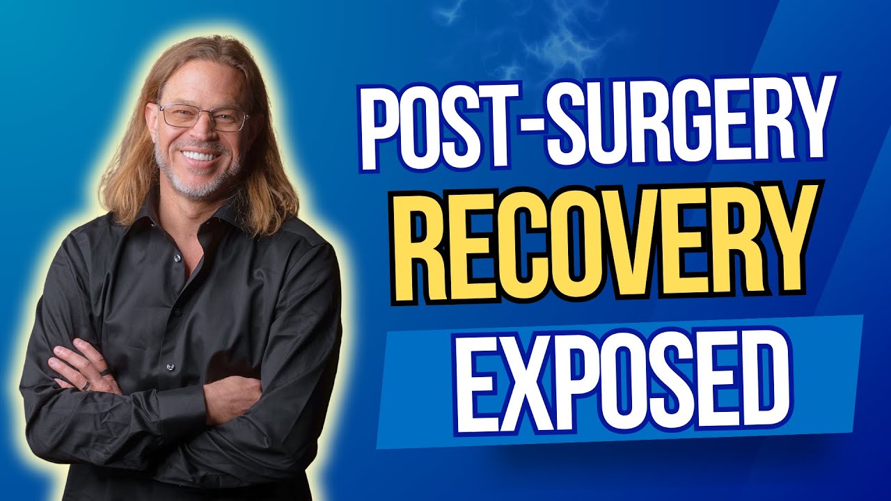 Dr. Robert Whitfield smiling in a black shirt with arms crossed, against a blue background featuring the text "POST-SURGERY RECOVERY EXPOSED," emphasizing his expertise in post-operative recovery for breast implant illness (BII) patients.