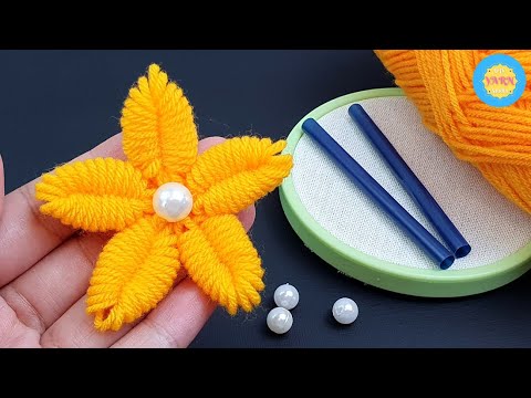 Super Easy Woolen Flower Making with Plastic Straw - Hand Embroidery Design - No Crochet Flower