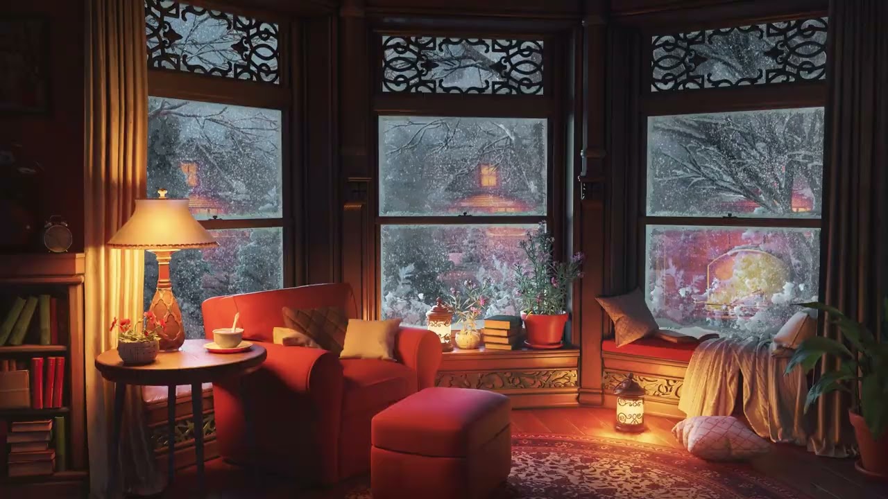 Relaxing Winter Snowfall in a Cozy Cabin Ambience with Fireplace Sounds