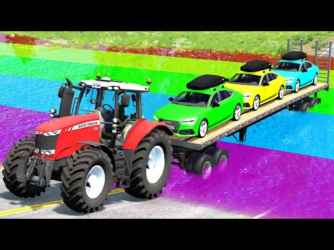 Flatbed Transport Trailer Tractor Speed Bump Car Rescue - Cars vs Rainbow Deep Water - BeamNG.drive
