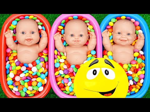 Full of 3 Rainbow BathTubs Candy with M&M's & Magic Slime Cutting Video