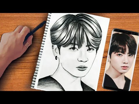 تعليم رسم جونغكوك بالرصاص خطوه بخطوه للمبتدئين بطريقة سهلة بالمقاسات easy sketch drawing of bts
