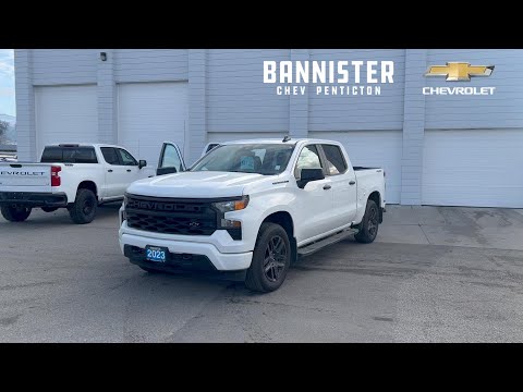 2023 Chevrolet Silverado 1500 Crew Cab Short Box 4-Wheel Drive Custom in White for sale at Bannister Chevrolet Penticton in Penticton, BC