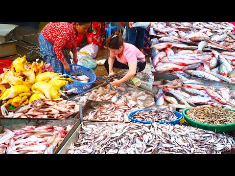 Cambodian amazing fish market scene, fish, meat and seafood market in phnom penh