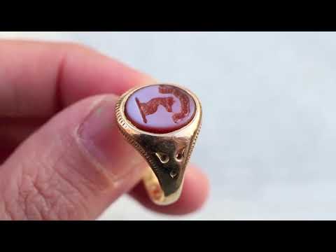 Victorian Sardonyx Intaglio Signet Ring with Wolf Head and "Paratus Sum" Motto