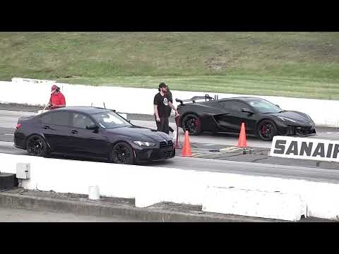 G80 BMW M3 vs C8 Corvette // 1/4 mile drag race // Sanair