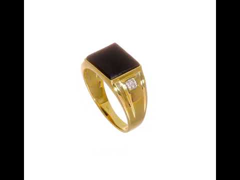 14K Yellow Gold Men's Real Diamond and Black Onyx Signet Ring