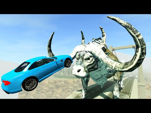 Jumping Cars Over Giant Bull -  BeamNG.Drive