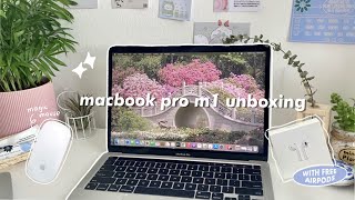 macbook pro m1 unboxing 🤍🍐apple accessories, customisation & set-up
