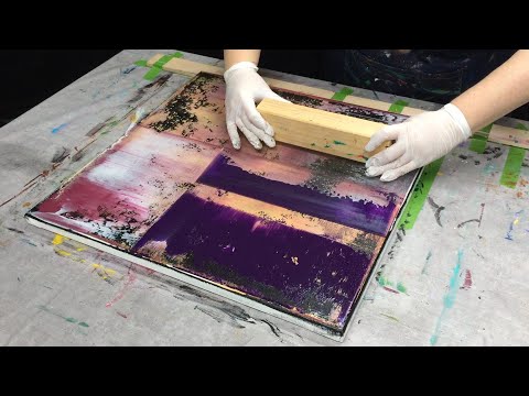 abstract acrylic painting squeegee technique in black, gold and blue-violet