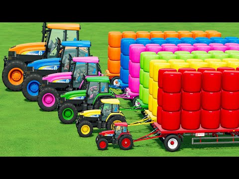 Transporter with Colors! TRANSPORTING & BALING GRASS BALE with MINI TO BIG New HOLLAND TRACTORS!