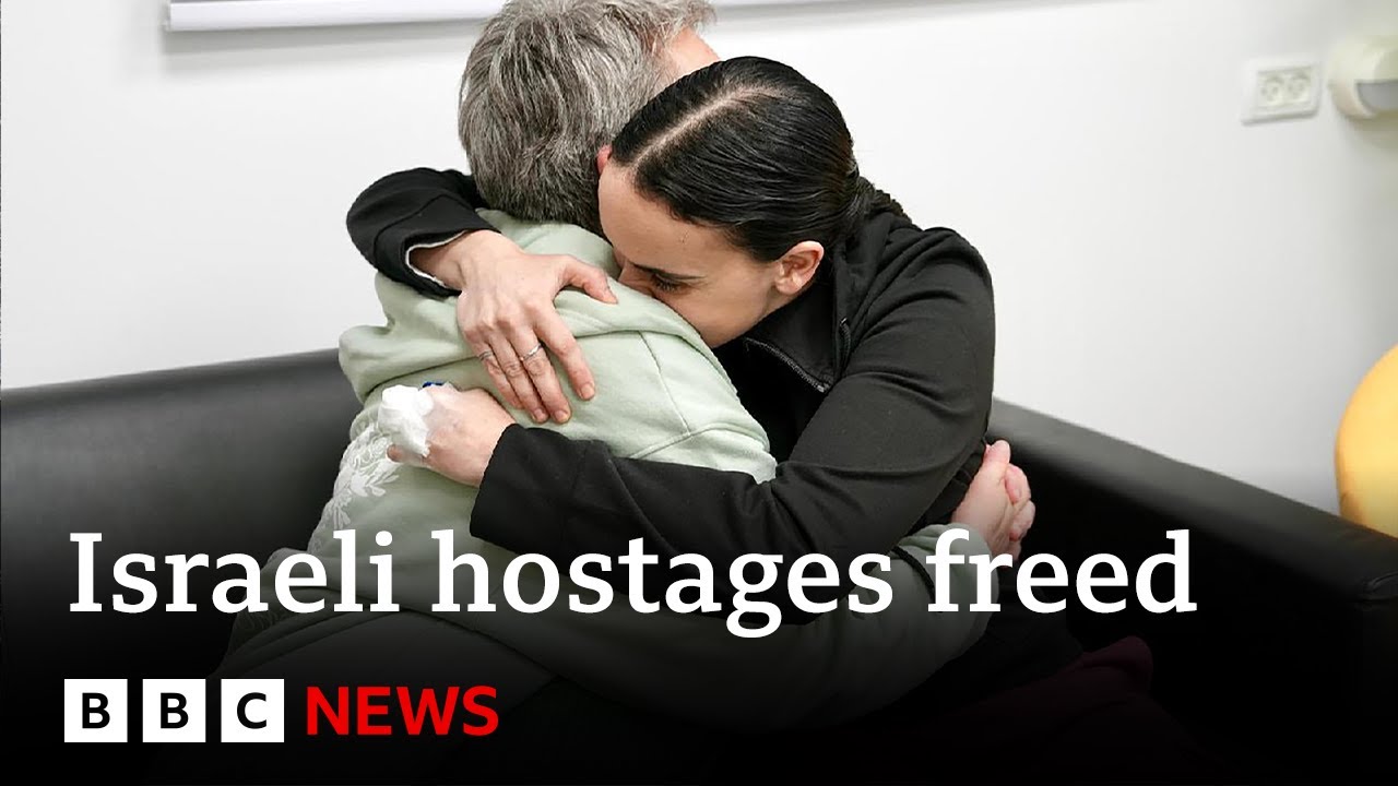 Three Israeli hostages 'stable' after being freed, as Palestinian prisoners await release | BBC News