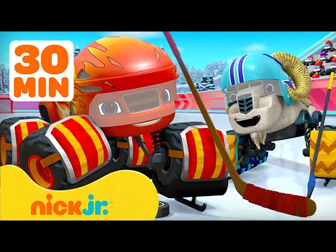 Capa de Blaze and the Monster Machines | 30 MINUTOS de Blaze Jogando Esportes! 🏒 | Nick Jr. em Português