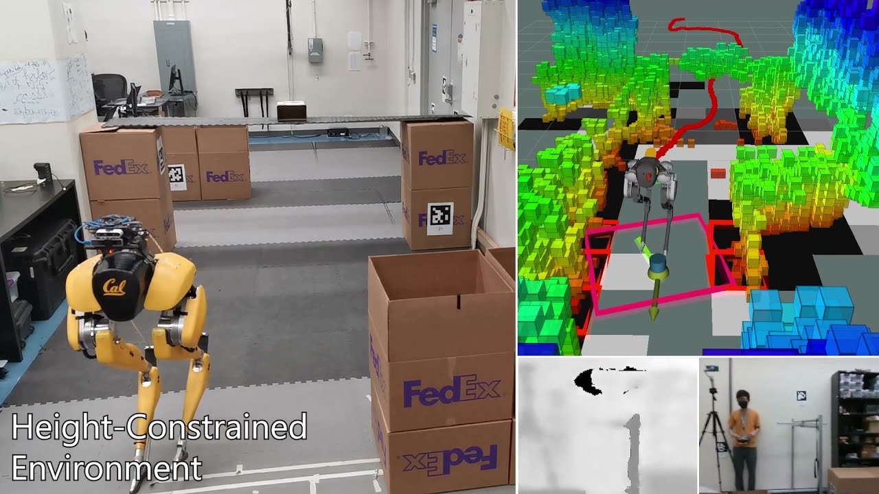 Vision-Aided Autonomous Navigation of Bipedal Robots in Height-Constrained Environments