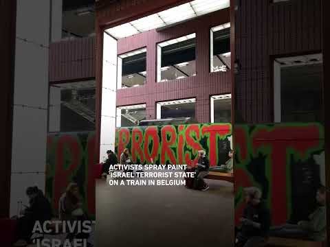 Activists spray paint ‘ISRAEL TERRORIST STATE’ on a train in Belgium