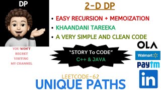 YouTube video 'Unique Paths | Recursion | Memoization | AMAZON | CISCO | PAYTM | OLA | LINKEDIN | Leetcode - 62'
