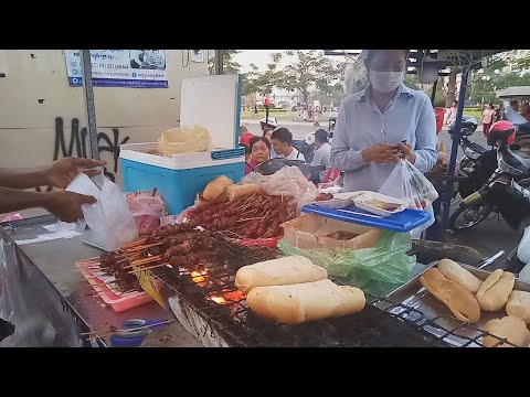 Snacks In The Evening - Grilled Beef And Sausage With Bread, Papaya Salad, And Deep Fried Food