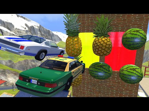 High Speed Jump Through Watermelon Or Pineapple Juice Wall (Slime Wall) - BeamNG drive Crazy Jumps