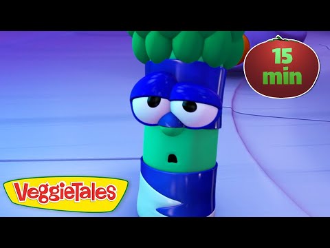 Cartoon VeggieTales character with blue hat and sleepy expression, gradient background; VeggieTales logo bottom left and a red '15 min' badge top right
