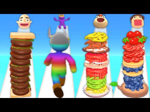 SANDWICH RUNNER vs GIANT RUSH vs NOODLE RUN vs PANCAKE RUN - Max Level Quadruple Gameplay