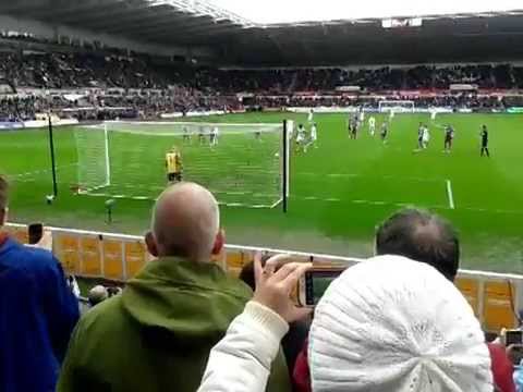 Wilfred Bony scoring a penalty for swansea city against Aston Villa