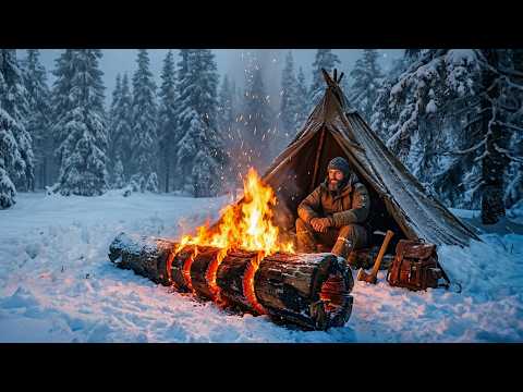 48h Solo Survival in Deep Snow, PRIMITIVE Shelter to Giant Log Fire