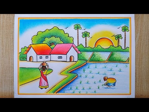 Paddy field with farmer scenery drawing| Village scenery drawing| Easy House,Sun,Trees,Bird Scenery