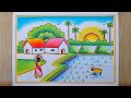 Paddy Field With Farmer Scenery Drawing Village Scenery Drawing Easy House Sun Trees Bird Scenery