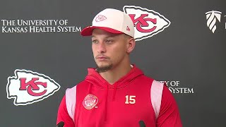 Chiefs quarterback Patrick Mahomes speaks to reporters ahead of Monday Night Football game agains...