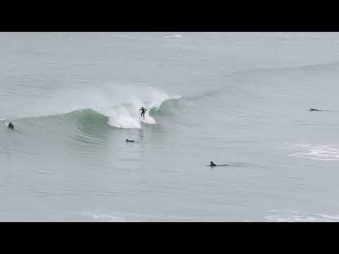 View of lineup and surfers at Porthmeor