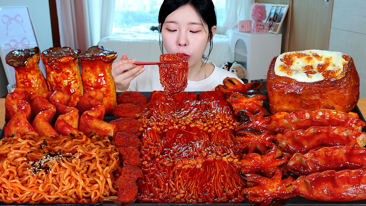 ASMR MUKBANG| 직접 만든 불닭 버섯 불닭쌈 쭈꾸미 통스팸 먹방 & 레시피 SPICY MUSHROOMS AND FIRE NOODLES EATING