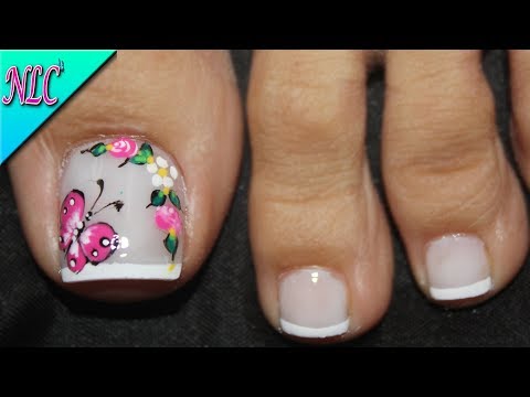 MARIPOSA Y ROSAS EN UÑAS PARA PIES – BUTTERFLY NAIL ART – FRENCH NAIL ART – NLC