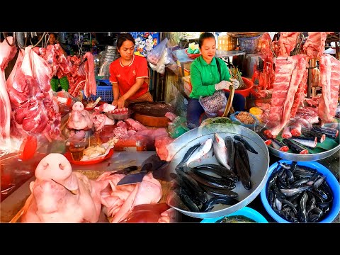 Pork Cutting Technique. Pork, Fish, Cambodian Market. Street Food Mixed Market