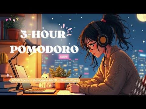 LATE NIGHT STUDY: 3HR Pomodoro 40/10 for ADHD | 40-Min Focus, 10-Min Break | Brown Noise