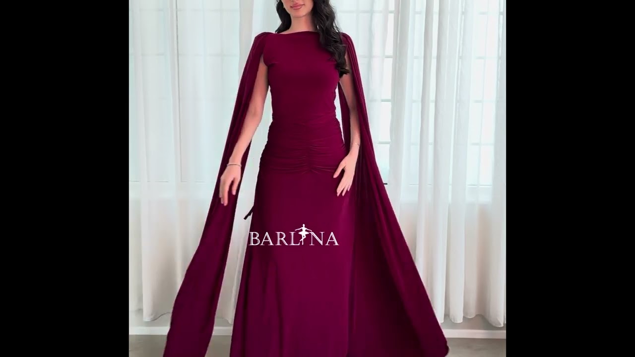 Burgundy draped dress with long cape sleeves - L