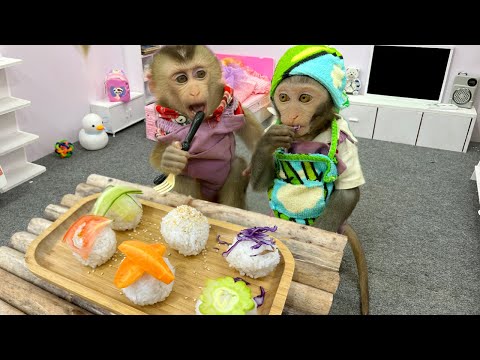 Naughty Bim Bim harvests wheat to make sushi ball for baby monkey Obi