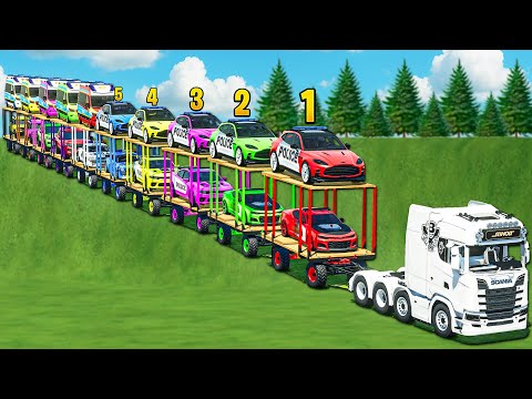 LONG CONVOY TRANSPORT OF COLORS! COPS ASTON MARTIN, CAMARO POLICE & SCANIA TRUCK! FS 25