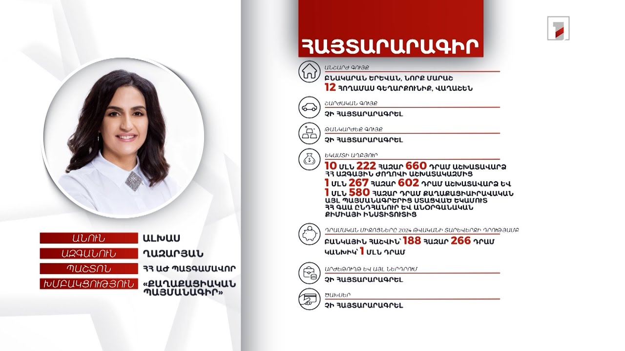 13 անշարժ գույք, 1 մլն 188 հազար դրամ. ՀՀ ԱԺ պատգամավոր Ալխաս Ղազարյանի հայտարարագիրը