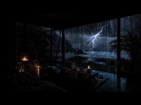 NO ADS 🔕 Thunderstorm by the Ocean at Night | Waves, Crackling Fire & Heavy Rain for Instant Sleep💤😴