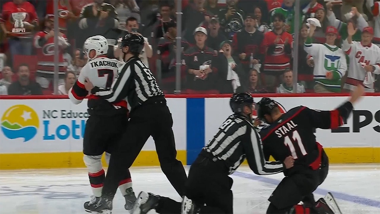 Brady Tkachuk Drops 🥊 Gloves 🥊 With Jordan Staal, Playoffs Opening Face Off