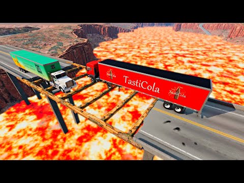 Cars vs A bridge made of logs over lava | BeamNG Drive
