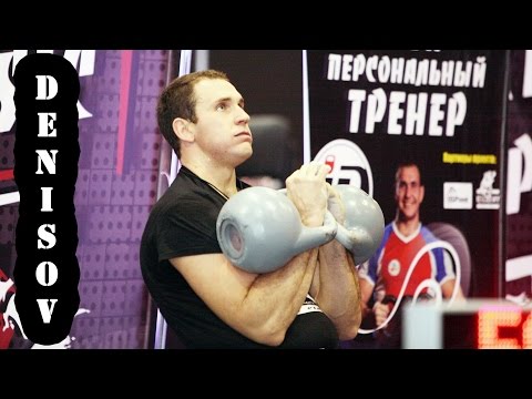 Ivan Denisov competes in biathlon with the 36 kg kettlebells (Moscow, 2016)