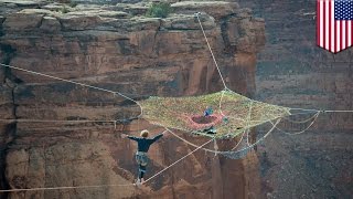 Extreme sports: Moab Monkeys slackline, base jump from hammock floating 400ft above the desert