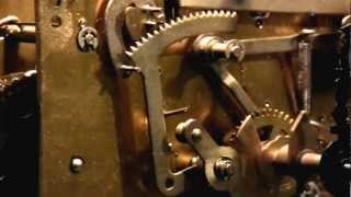 Grandfather clock mechanism, closeup on main hour chime mechanism