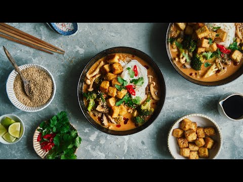 Spicy Coconut Noodle Soup with Mushrooms and Crispy...