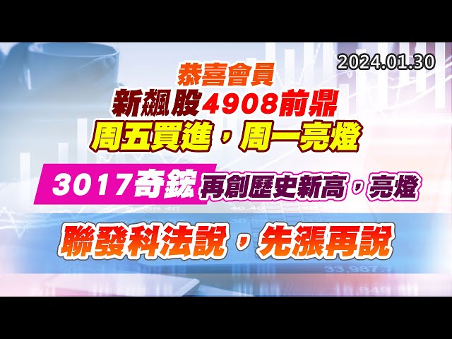 20240130《股市最錢線》#高閔漳 “恭喜會員新飆股4908前鼎周五買進，周一亮燈””3017奇鋐再創歷史新高，亮燈””聯發科法說，先漲再說”