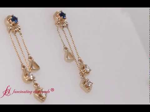 Chain Drop Diamond Earring With Sapphire In 14K Yellow Gold-FDCMJ2825DEG