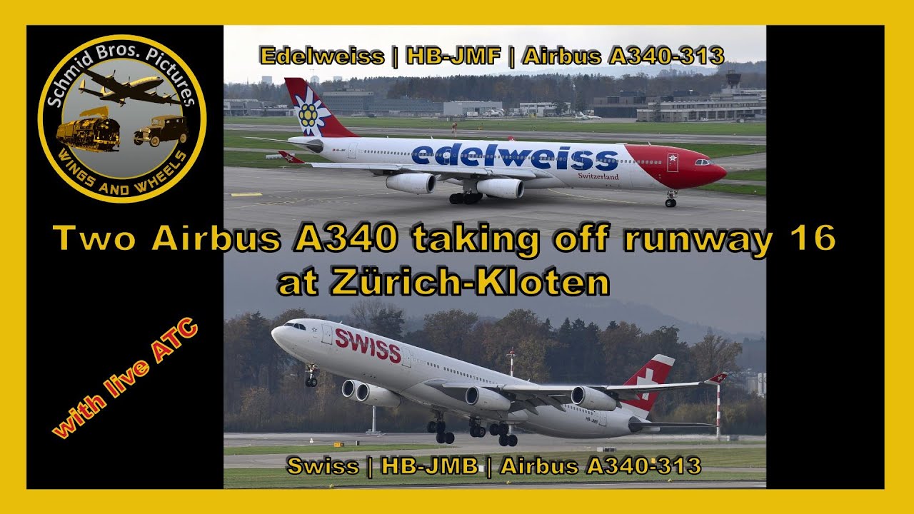 Two Airbus A340 (Edelweiss and Swiss) taking off runway 16 at Zürich-Kloten (with live ATC)