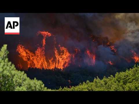 Video Thumbnail: Strong winds fuel a major wildfire burning in a seaside area on the Greek mainland